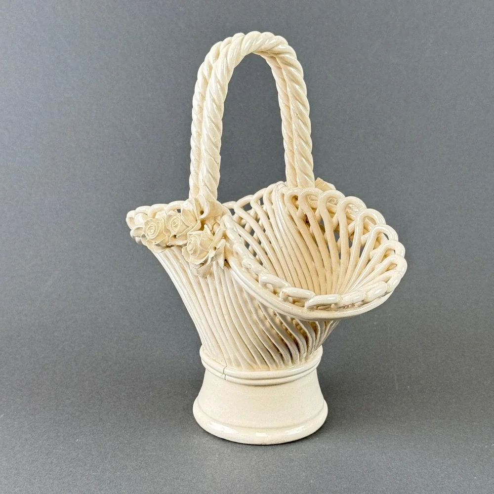 Ceramic Lattice‎ Basket Vintage Cream Floral Rose Twisted Handle 9.5in Excellent